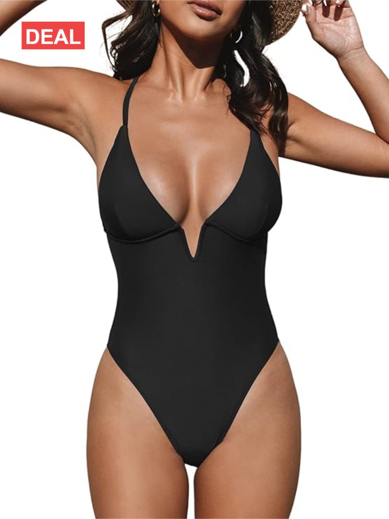 Deep V Neck Crisscross Back One Piece Swimsuit Adjustable Strap